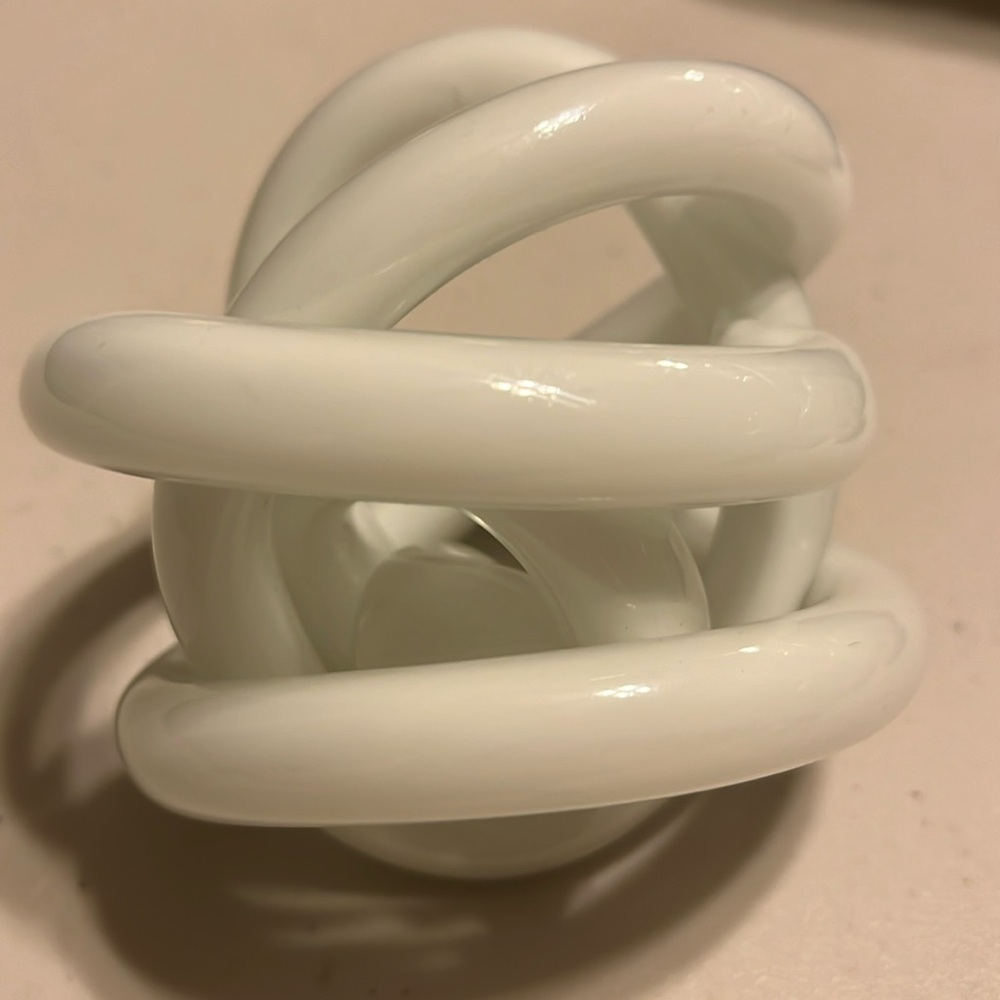 Glass knot hand blown clear cased white art glass knot sculptured paperweight